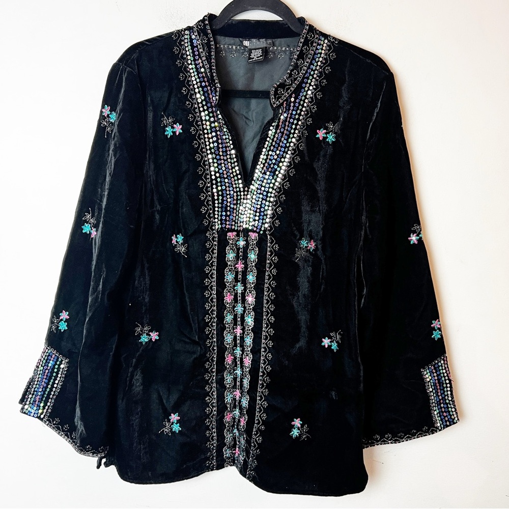 SZ XL Carole Little Velvet Embellished Black Top